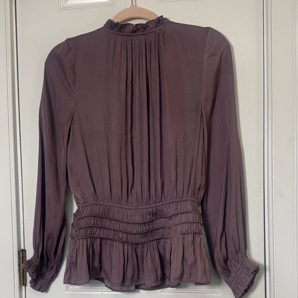 Current Air Smocked Peplum Blouse XS Purple Ruffle Neck Tie Long Sleeve Top - Picture 6 of 8